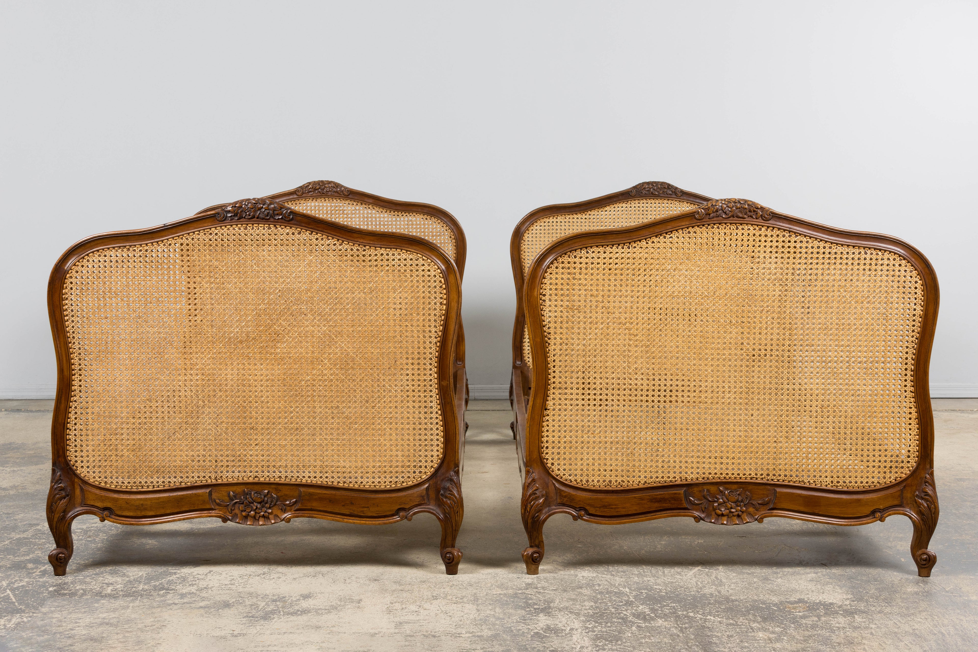 Antique French Louis XV Style Provincial Walnut Twin Size Bed Frames - A Pair