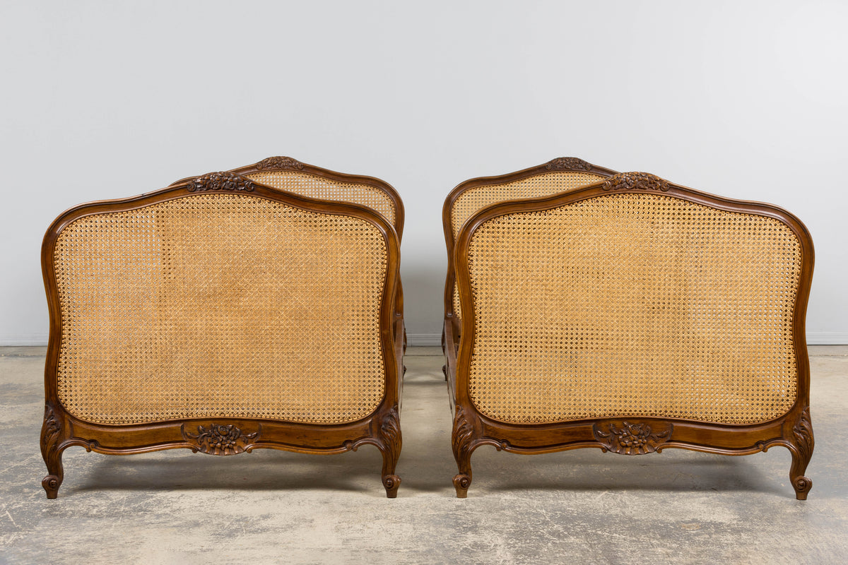 Antique French Louis XV Style Provincial Walnut Twin Size Bed Frames - A Pair