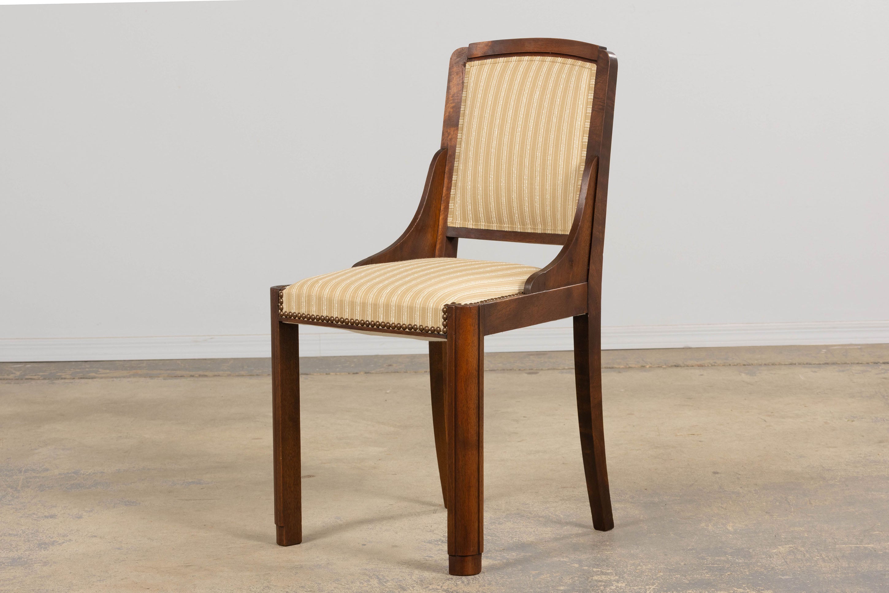 1930s French Art Deco Walnut Dining Chairs In Beige Stripe - Set of 6