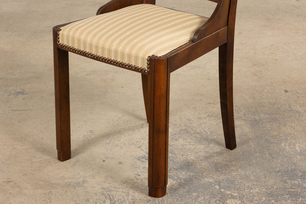 1930s French Art Deco Walnut Dining Chairs In Beige Stripe - Set of 6