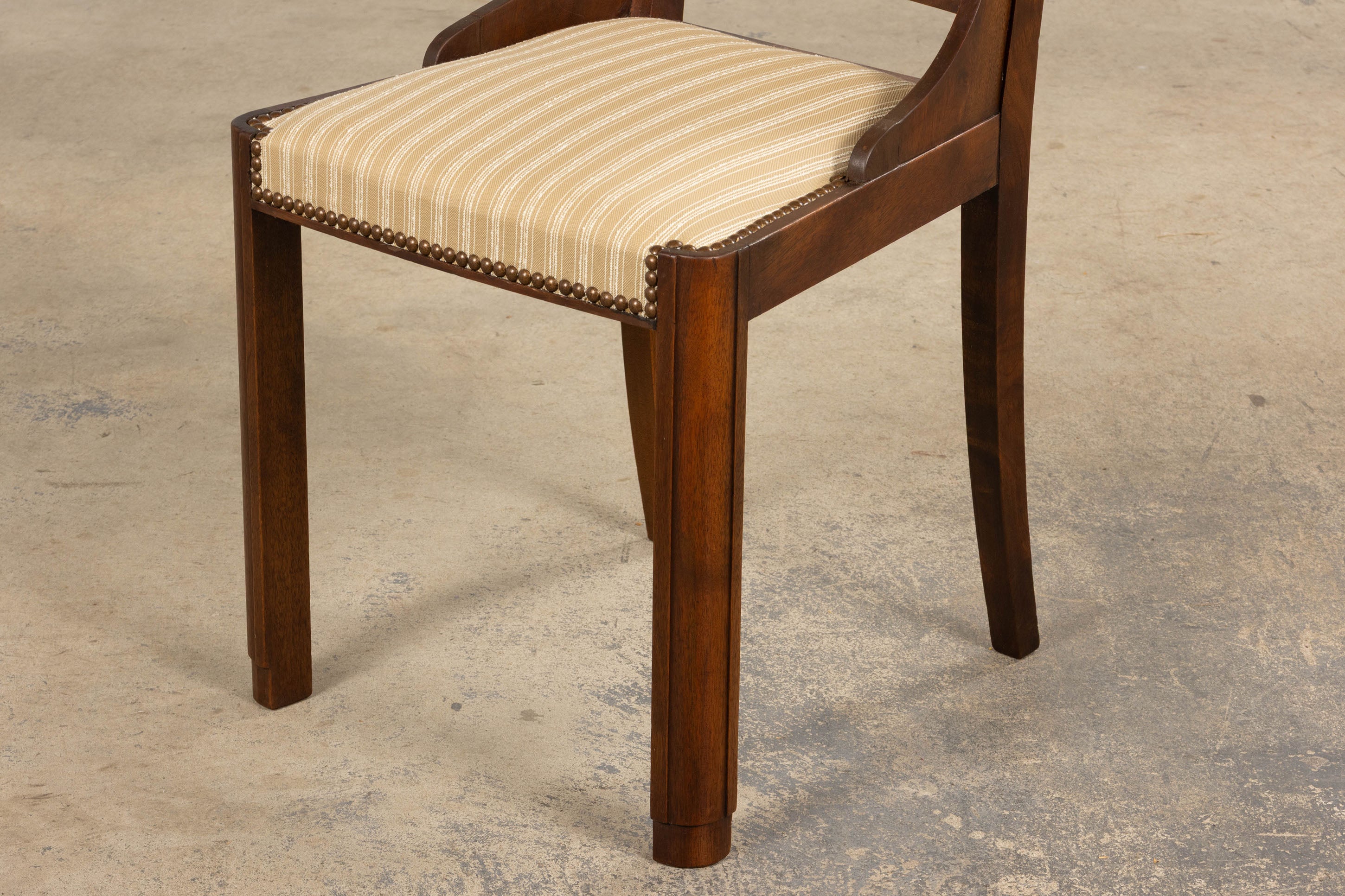 1930s French Art Deco Walnut Dining Chairs In Beige Stripe - Set of 6