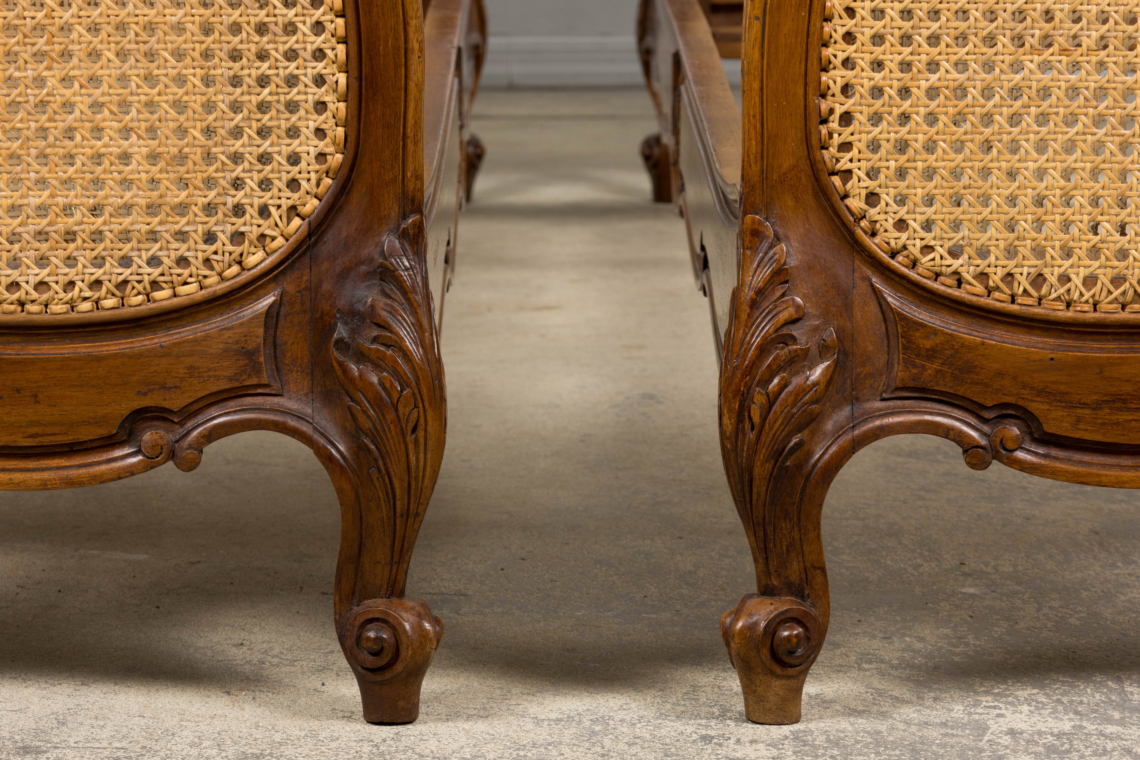 Antique French Louis XV Style Provincial Walnut Twin Size Bed Frames - A Pair