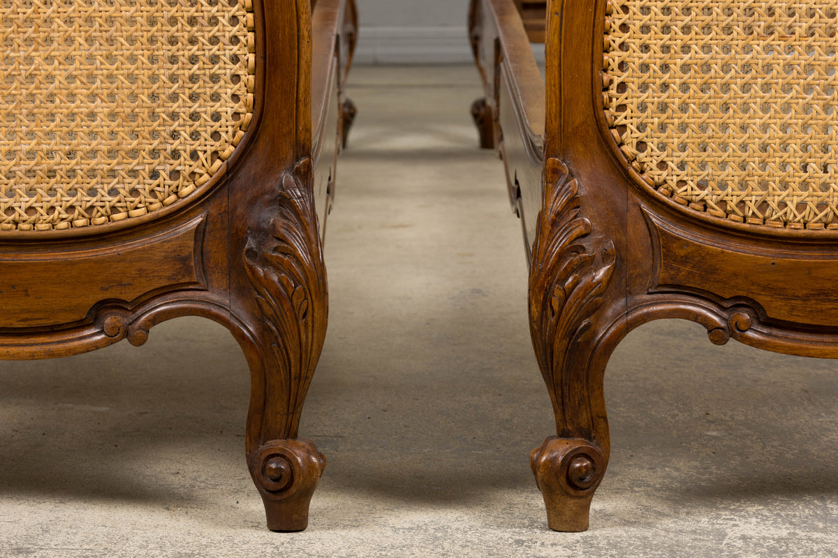 Antique French Louis XV Style Provincial Walnut Twin Size Bed Frames - A Pair