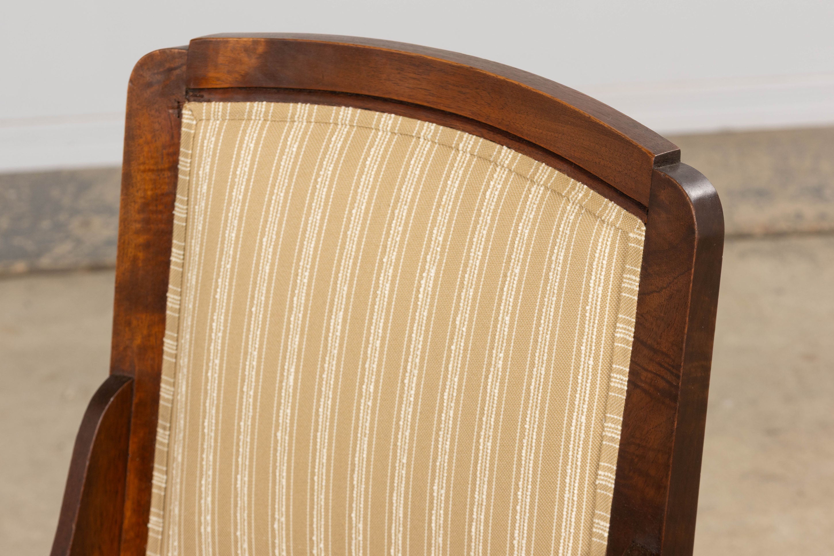 1930s French Art Deco Walnut Dining Chairs In Beige Stripe - Set of 6