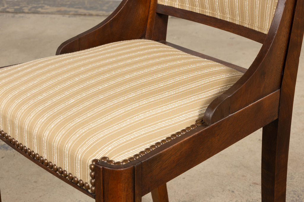 1930s French Art Deco Walnut Dining Chairs In Beige Stripe - Set of 6