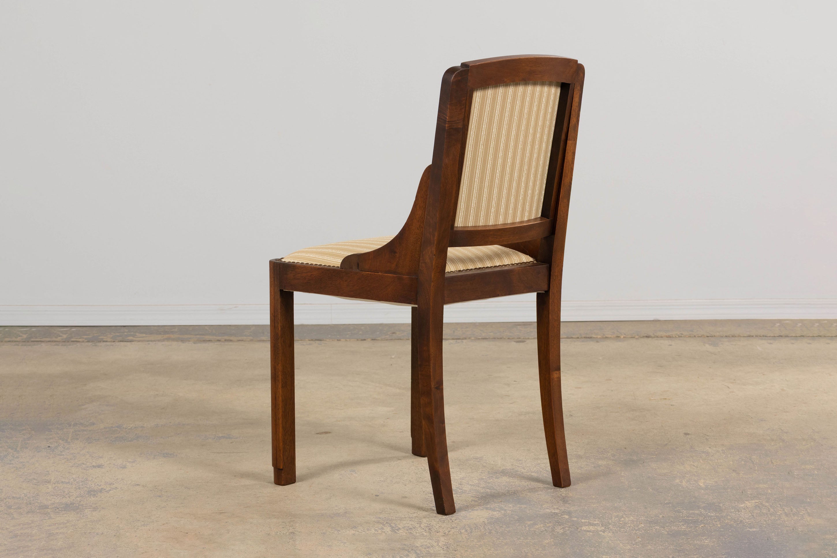 1930s French Art Deco Walnut Dining Chairs In Beige Stripe - Set of 6