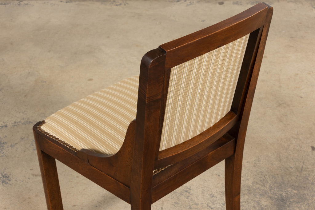 1930s French Art Deco Walnut Dining Chairs In Beige Stripe - Set of 6