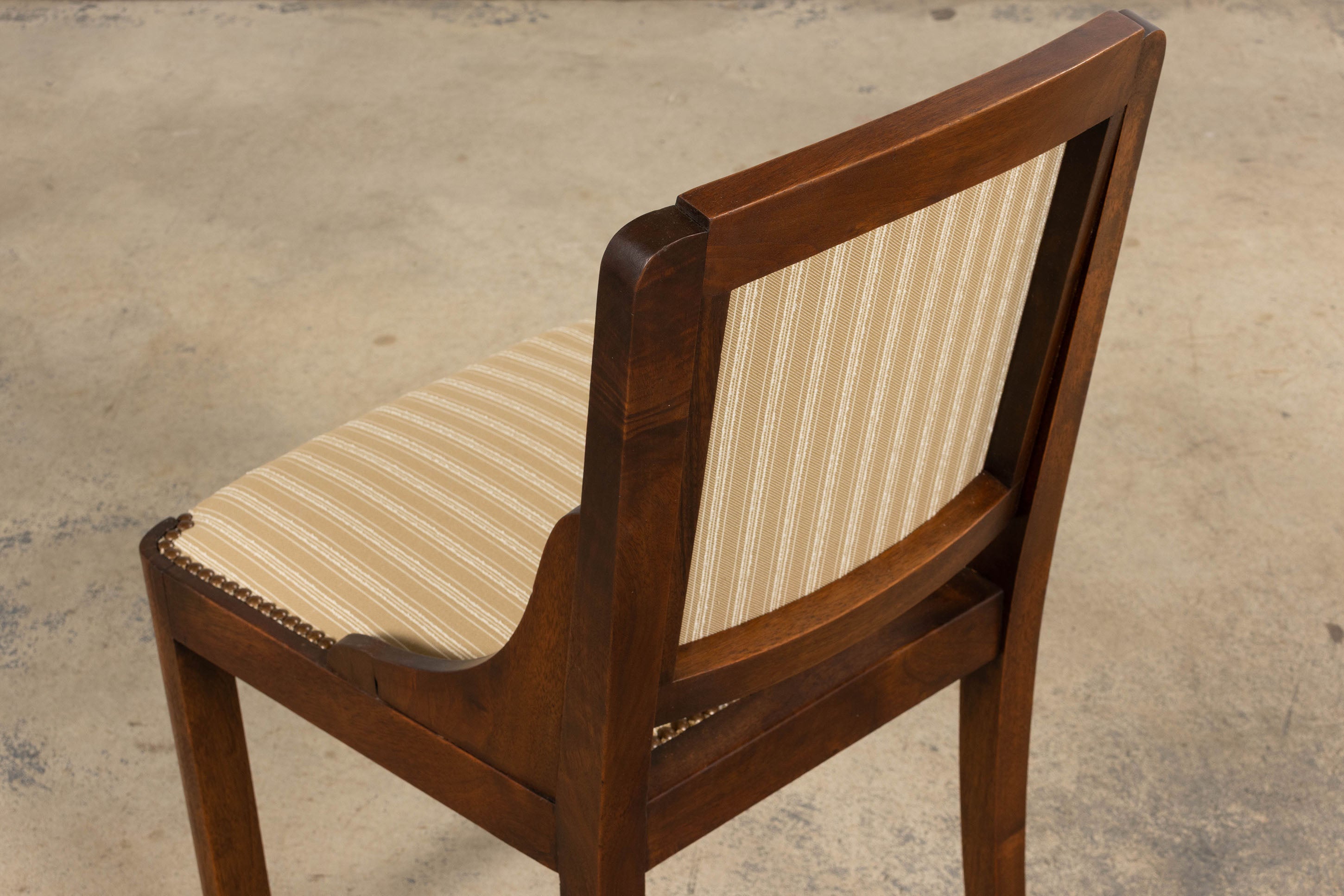 1930s French Art Deco Walnut Dining Chairs In Beige Stripe - Set of 6