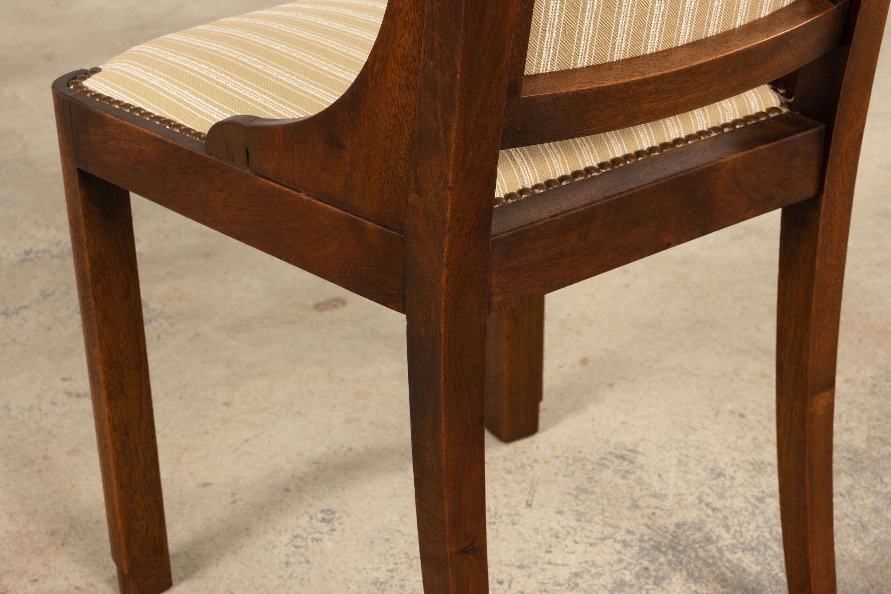 1930s French Art Deco Walnut Dining Chairs In Beige Stripe - Set of 6