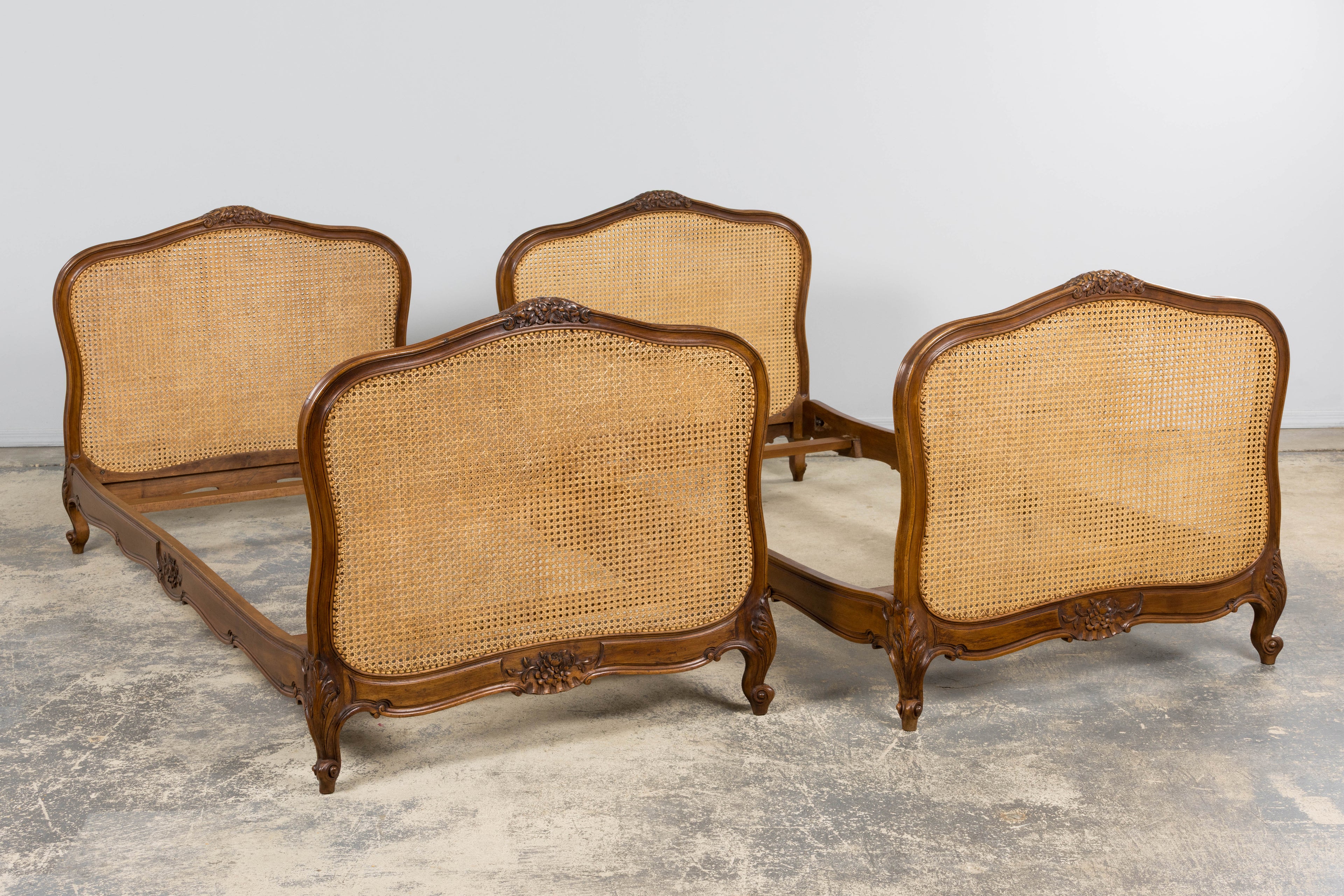Antique French Louis XV Style Provincial Walnut Twin Size Bed Frames - A Pair