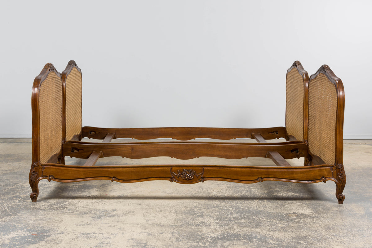 Antique French Louis XV Style Provincial Walnut Twin Size Bed Frames - A Pair