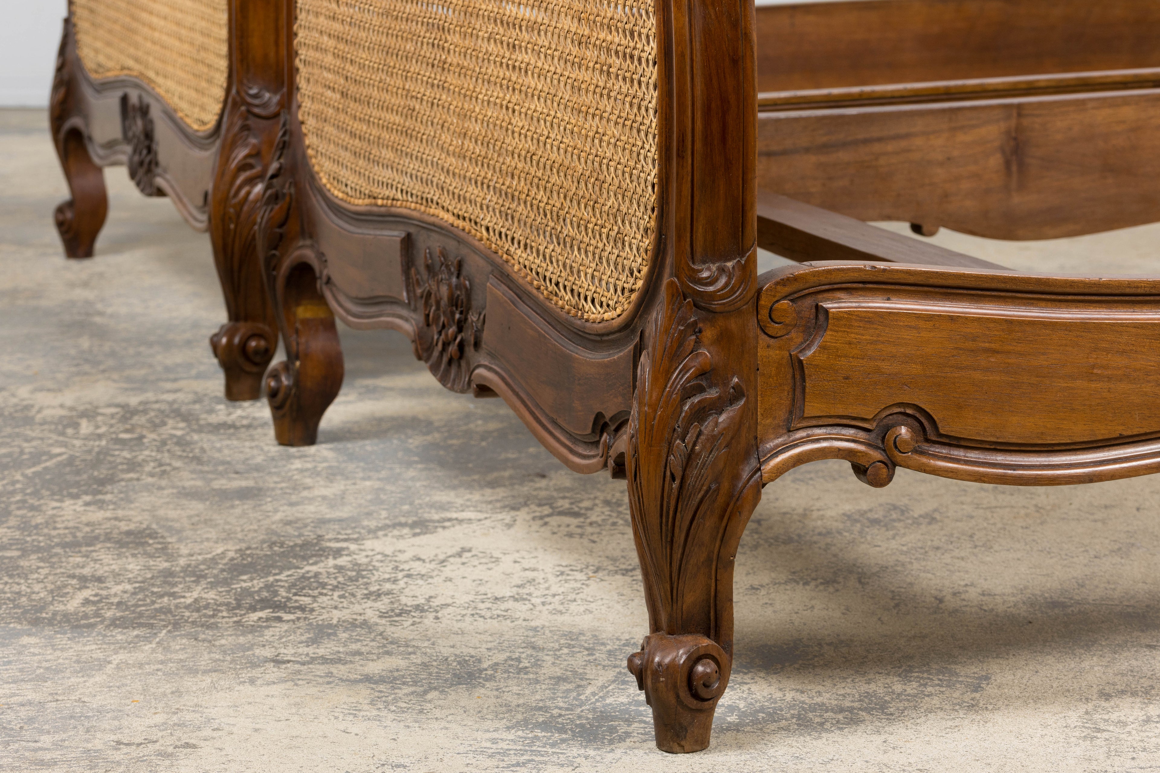 Antique French Louis XV Style Provincial Walnut Twin Size Bed Frames - A Pair