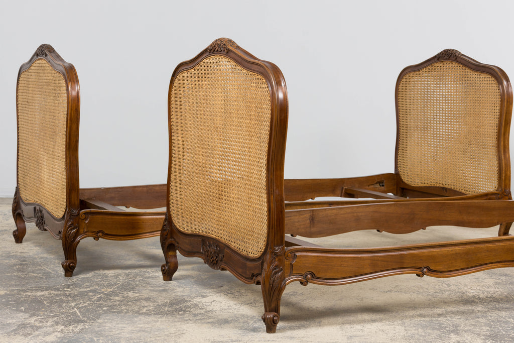 Antique French Louis XV Style Provincial Walnut Twin Size Bed Frames - A Pair