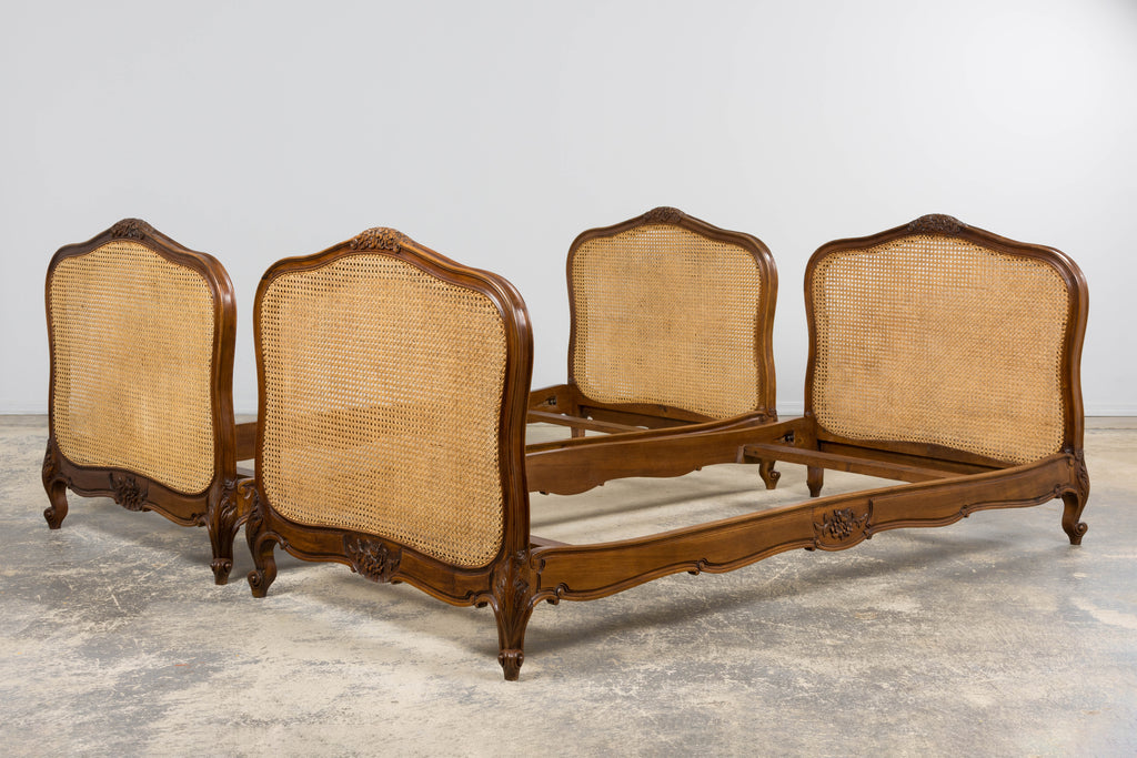 Antique French Louis XV Style Provincial Walnut Twin Size Bed Frames - A Pair