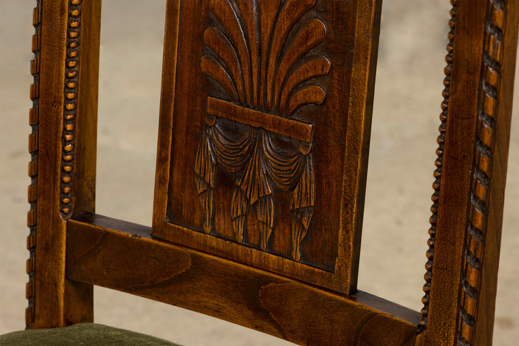 Set of 10 Mid-19th Century French Directoire Walnut Dining Chairs in Olive Green