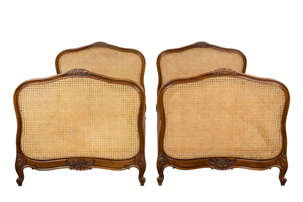 Antique French Louis XV Style Provincial Walnut Twin Size Bed Frames - A Pair