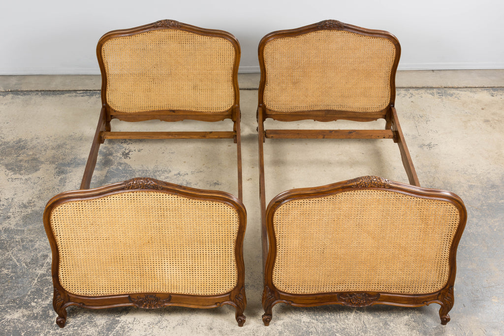 Antique French Louis XV Style Provincial Walnut Twin Size Bed Frames - A Pair