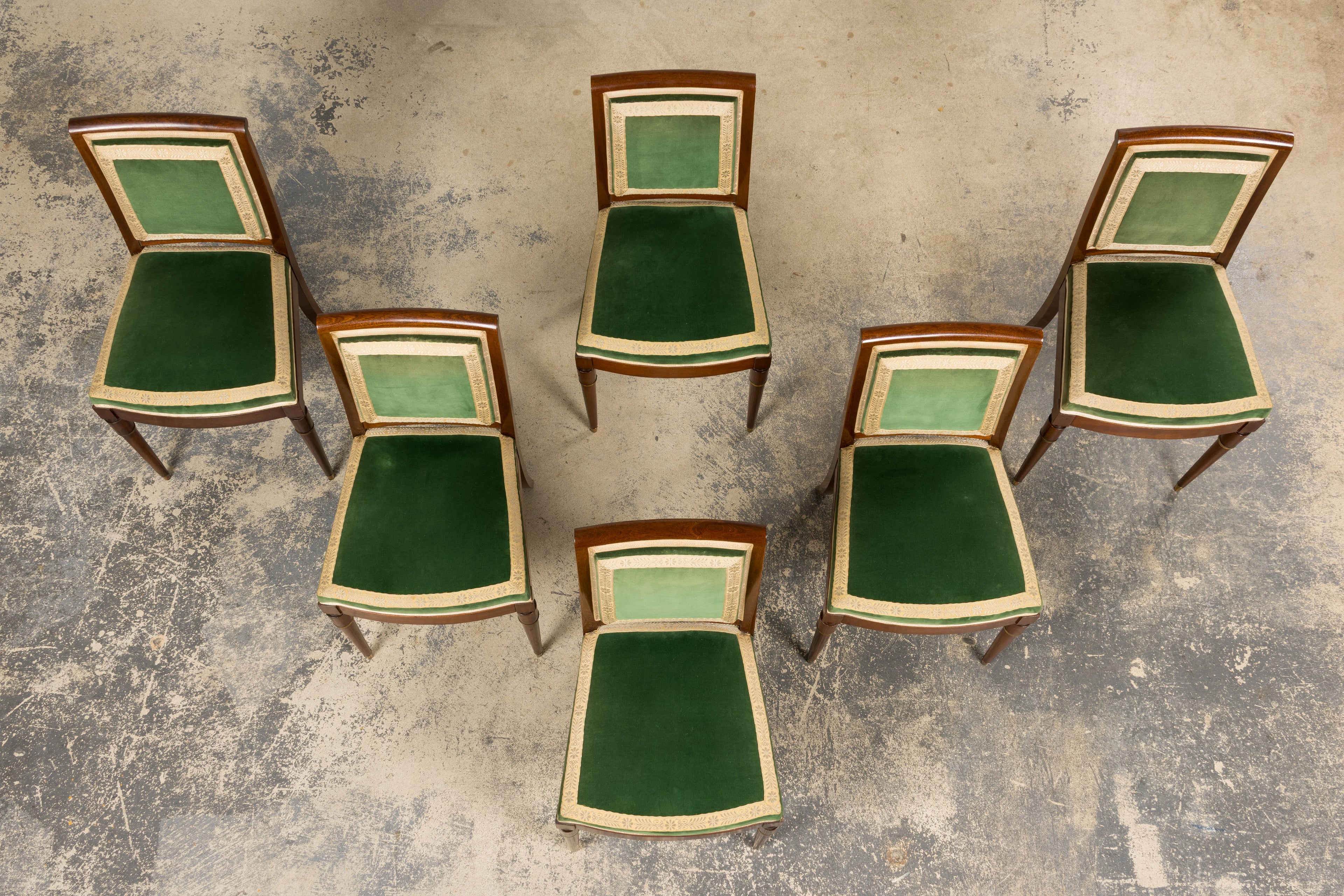 1930s French Art Deco Mahogany Dining Chairs in Olive Green Velvet - Set of 6