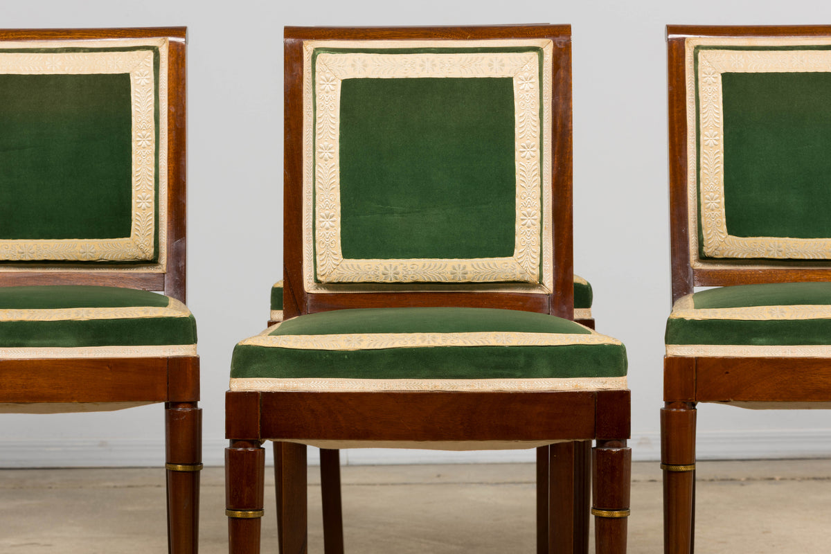 ON HOLD 1930s French Art Deco Mahogany Dining Chairs in Green Velvet - Set of 6