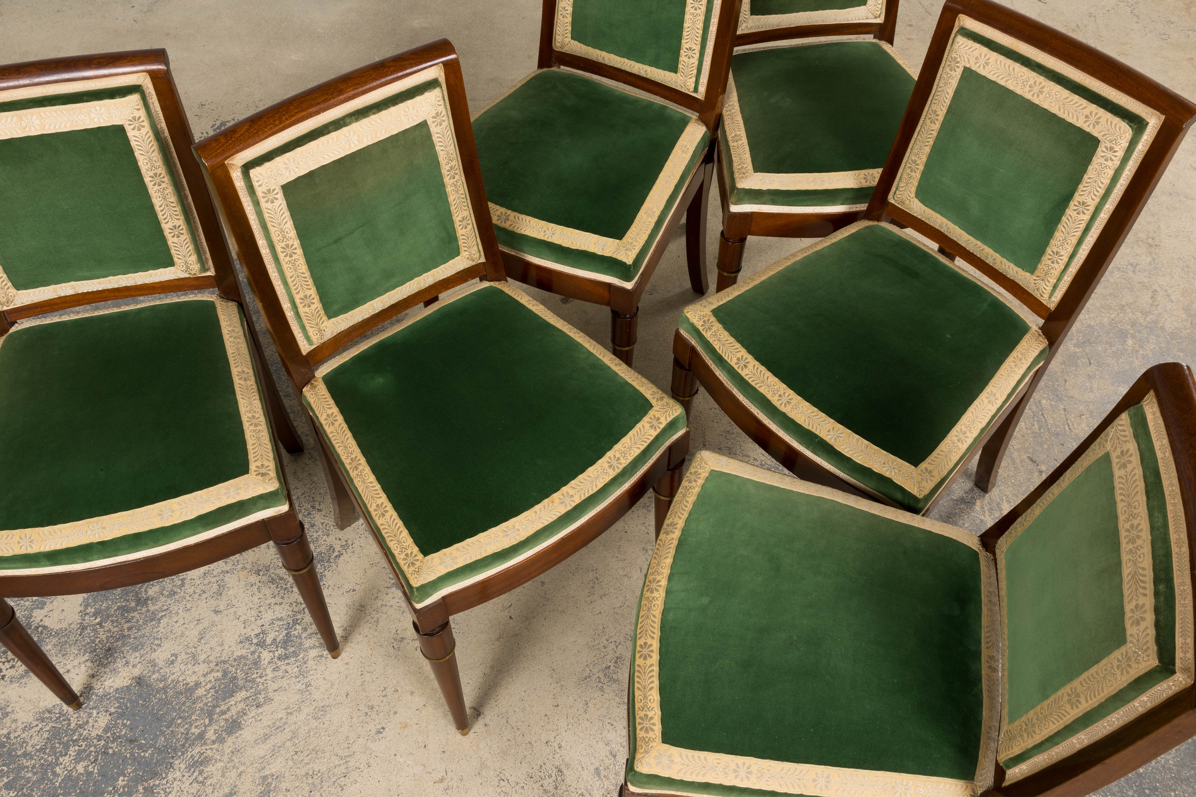 1930s French Art Deco Mahogany Dining Chairs in Olive Green Velvet - Set of 6