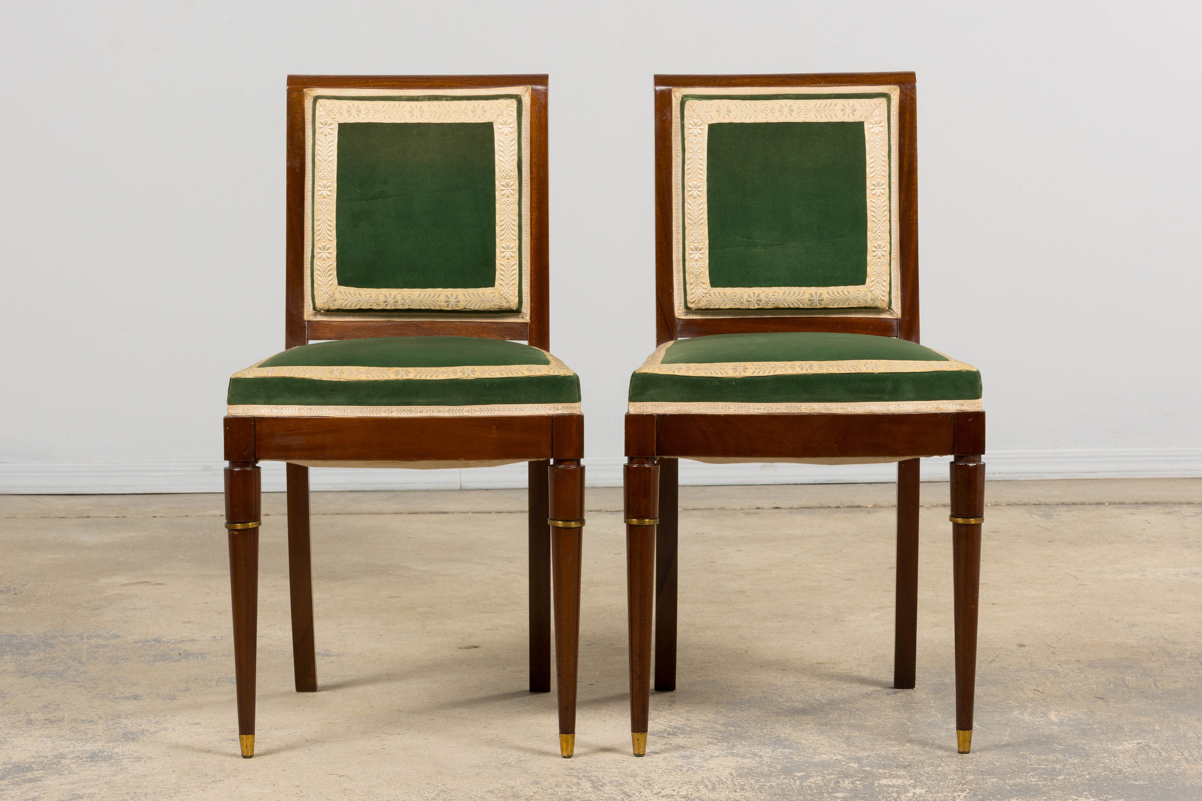 1930s French Art Deco Mahogany Dining Chairs in Olive Green Velvet - Set of 6