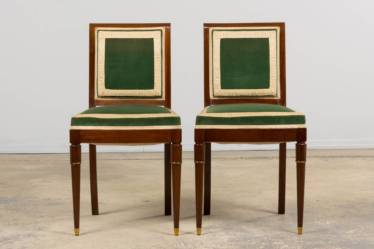 ON HOLD 1930s French Art Deco Mahogany Dining Chairs in Green Velvet - Set of 6