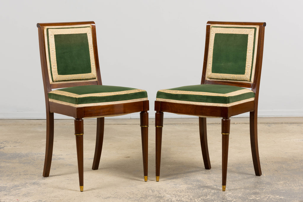 1930s French Art Deco Mahogany Dining Chairs in Olive Green Velvet - Set of 6
