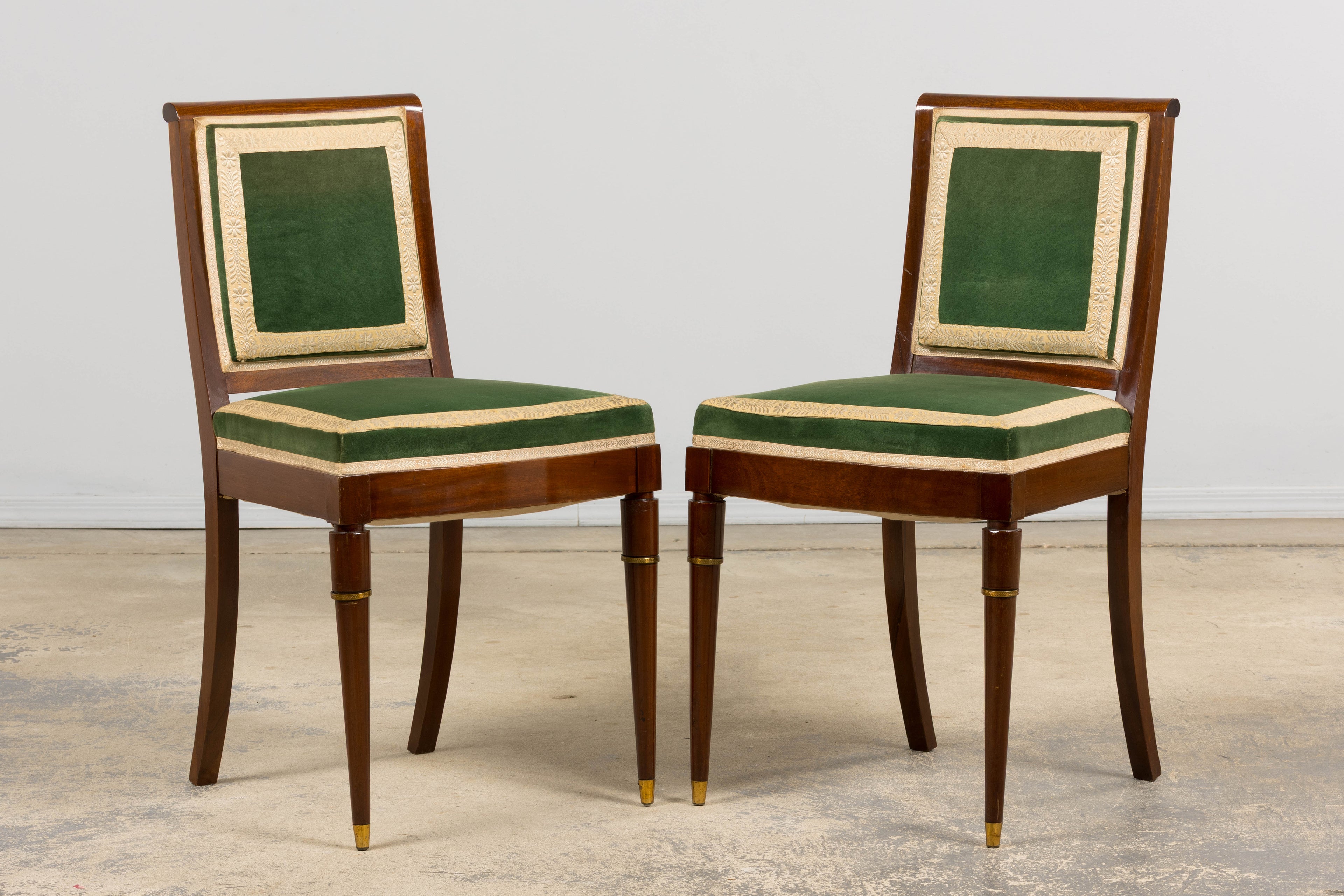 1930s French Art Deco Mahogany Dining Chairs in Olive Green Velvet - Set of 6
