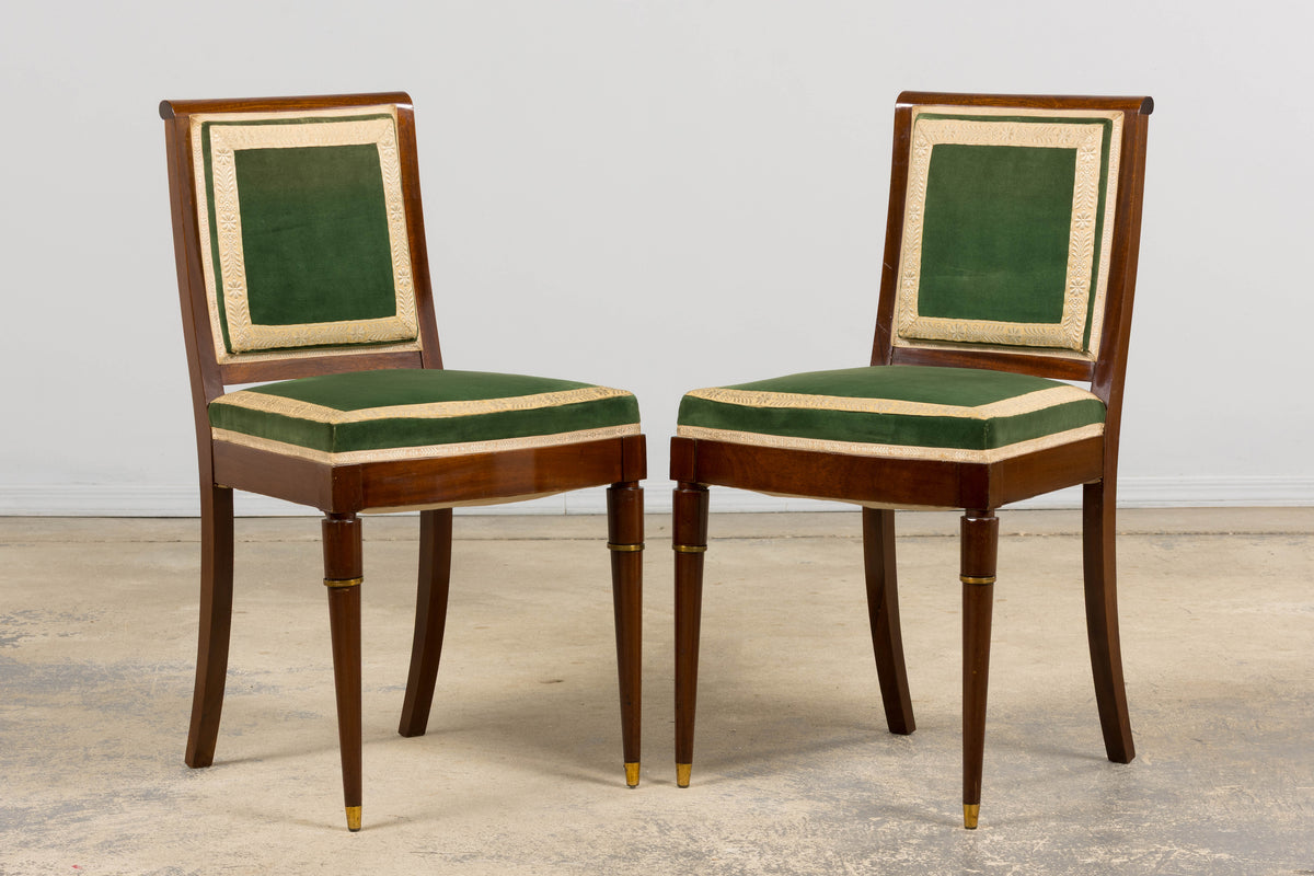 ON HOLD 1930s French Art Deco Mahogany Dining Chairs in Green Velvet - Set of 6