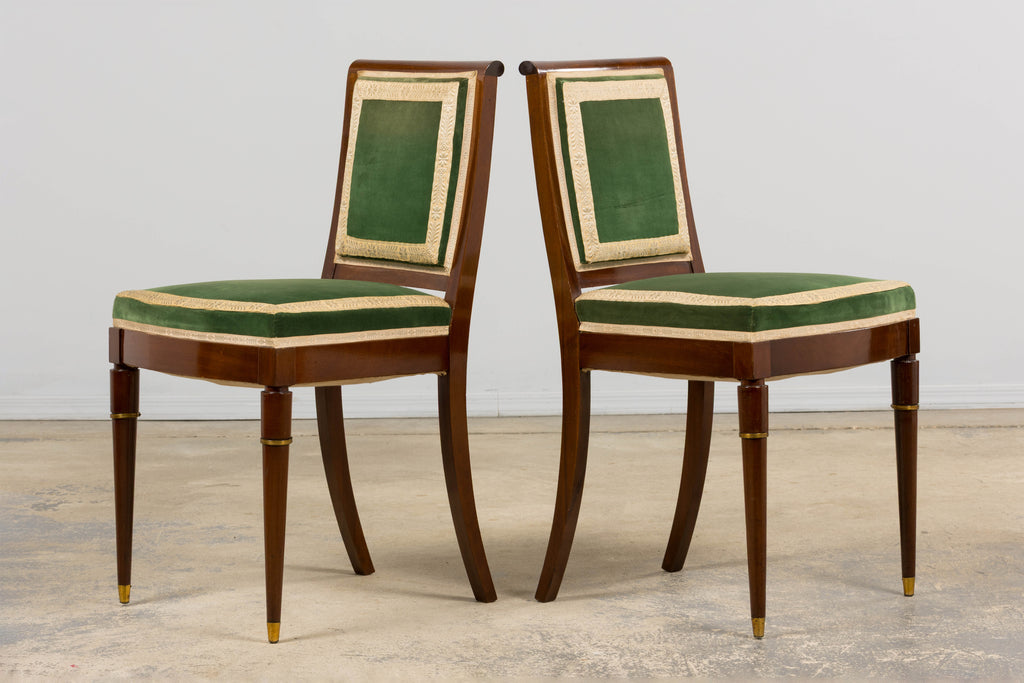 1930s French Art Deco Mahogany Dining Chairs in Olive Green Velvet - Set of 6