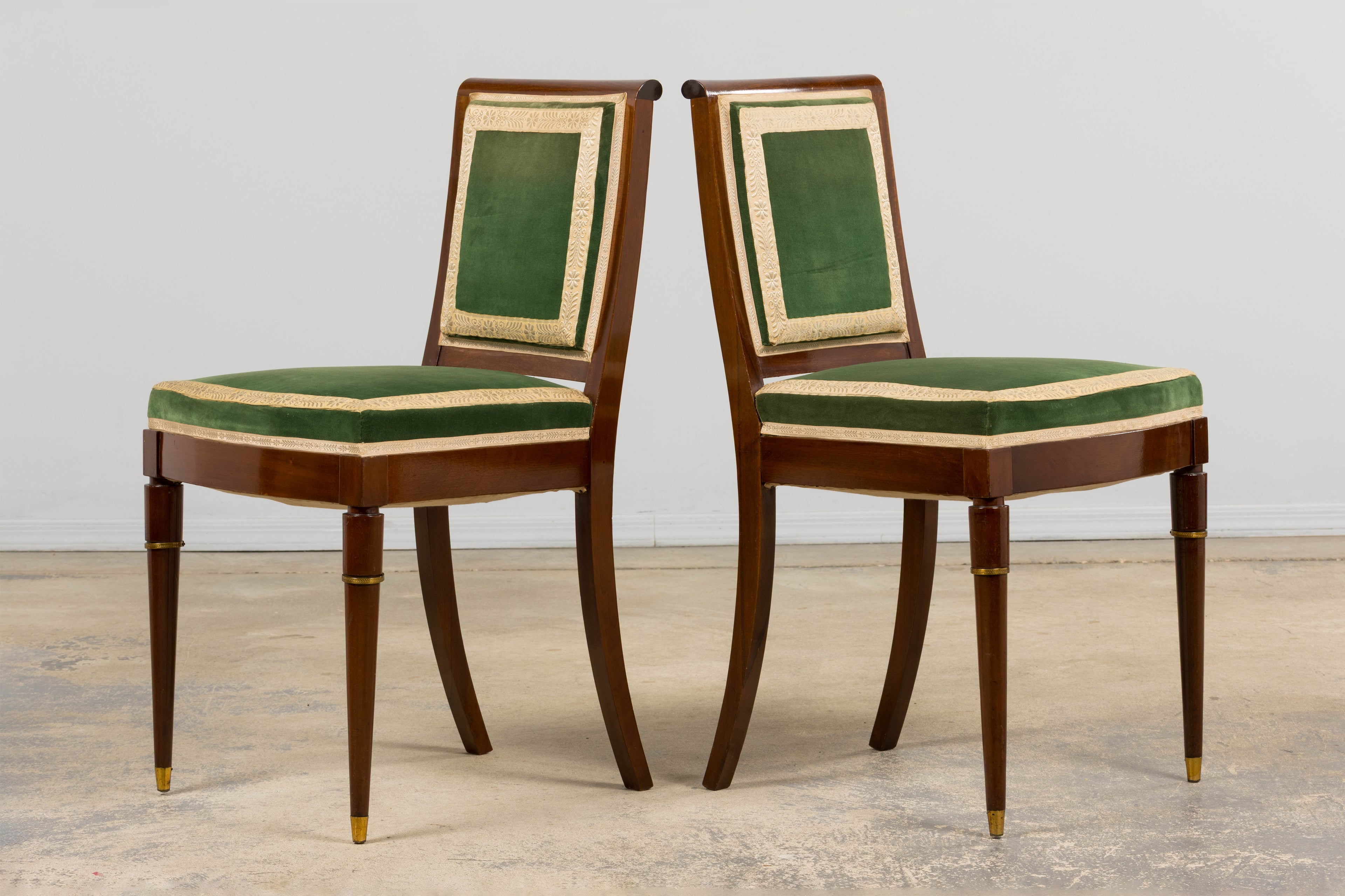 1930s French Art Deco Mahogany Dining Chairs in Olive Green Velvet - Set of 6