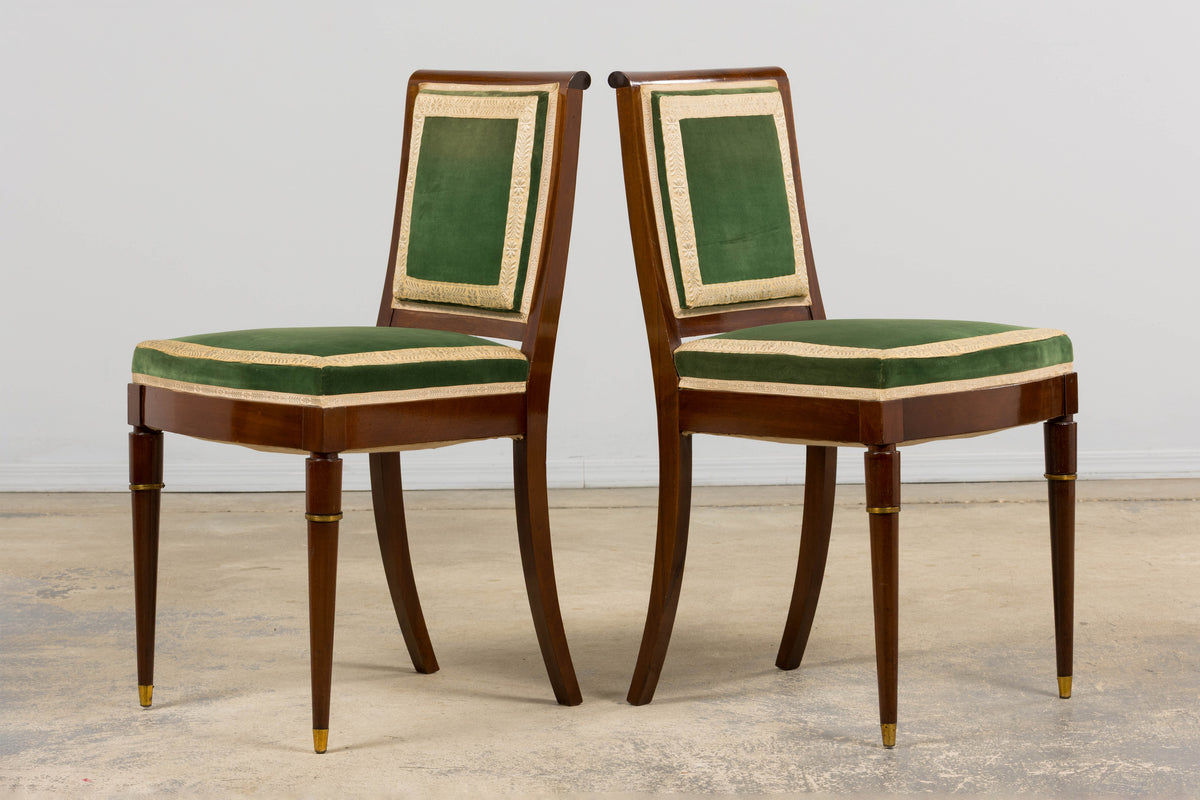 ON HOLD 1930s French Art Deco Mahogany Dining Chairs in Green Velvet - Set of 6