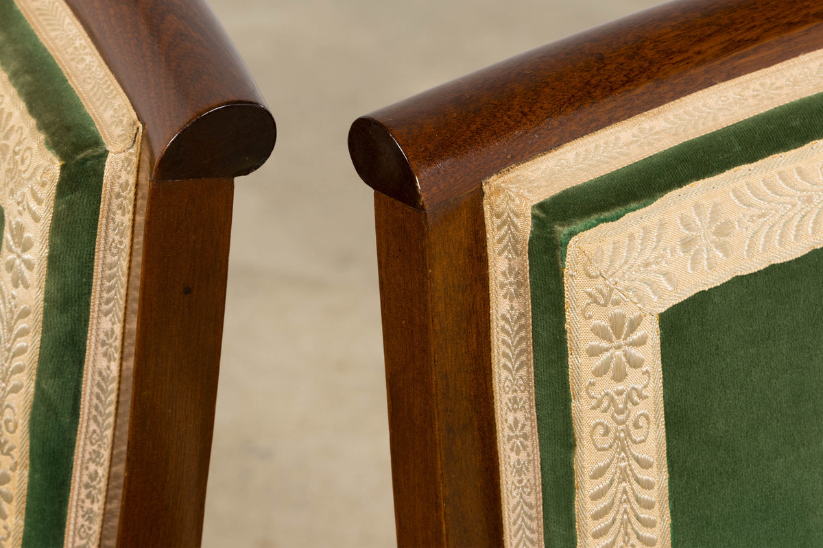 ON HOLD 1930s French Art Deco Mahogany Dining Chairs in Green Velvet - Set of 6