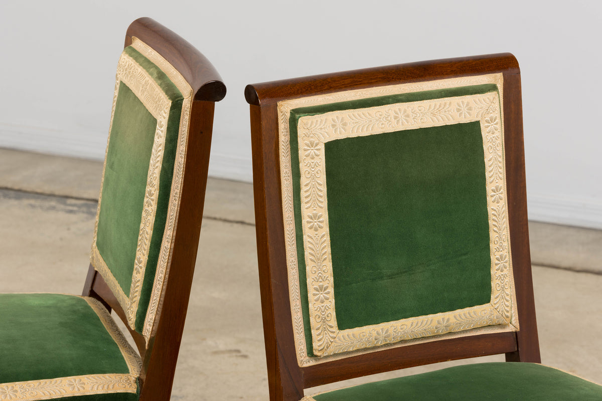ON HOLD 1930s French Art Deco Mahogany Dining Chairs in Green Velvet - Set of 6