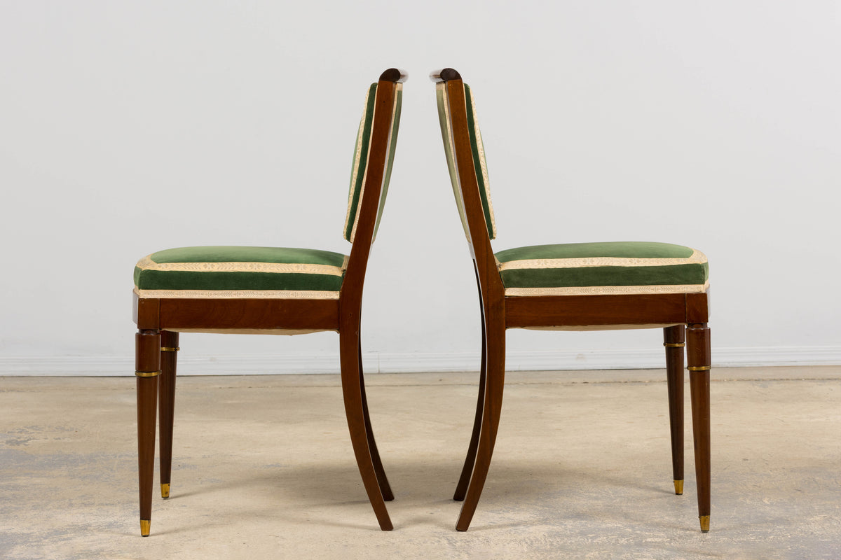 ON HOLD 1930s French Art Deco Mahogany Dining Chairs in Green Velvet - Set of 6