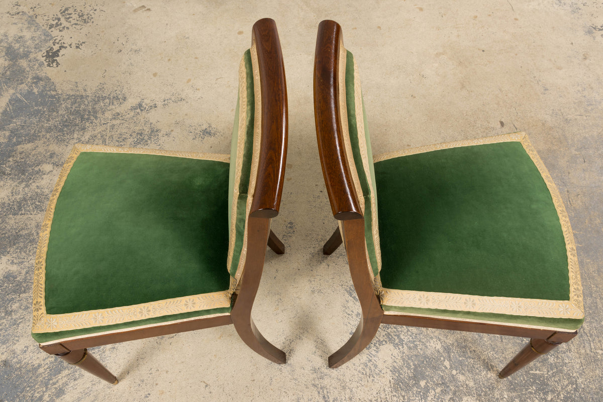 ON HOLD 1930s French Art Deco Mahogany Dining Chairs in Green Velvet - Set of 6
