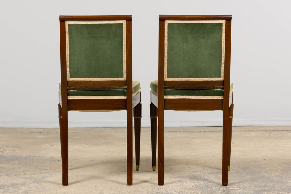1930s French Art Deco Mahogany Dining Chairs in Olive Green Velvet - Set of 6