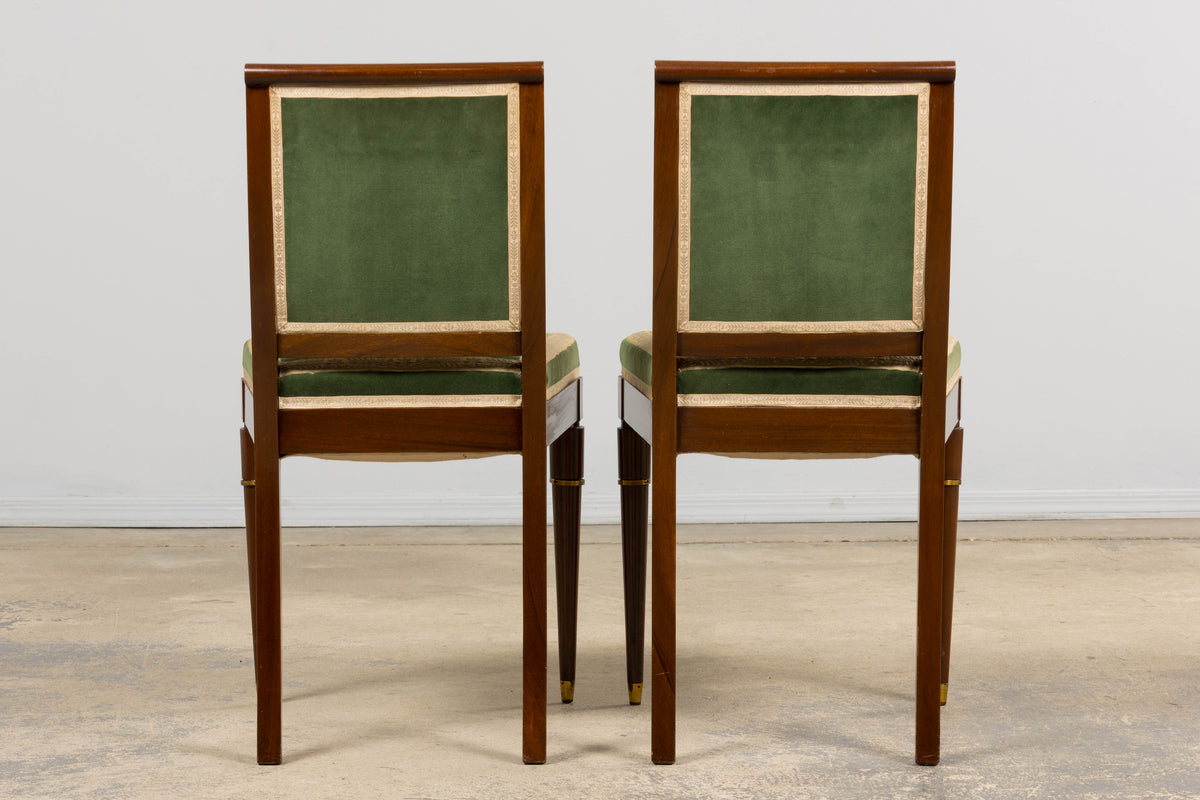 ON HOLD 1930s French Art Deco Mahogany Dining Chairs in Green Velvet - Set of 6