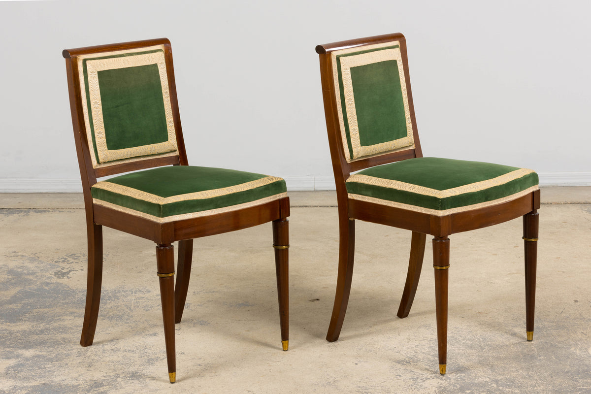 ON HOLD 1930s French Art Deco Mahogany Dining Chairs in Green Velvet - Set of 6