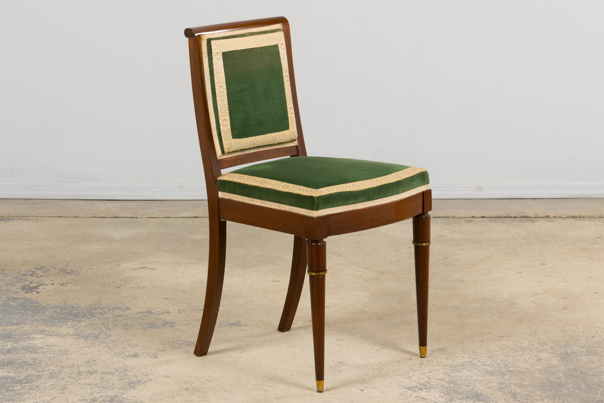 ON HOLD 1930s French Art Deco Mahogany Dining Chairs in Green Velvet - Set of 6