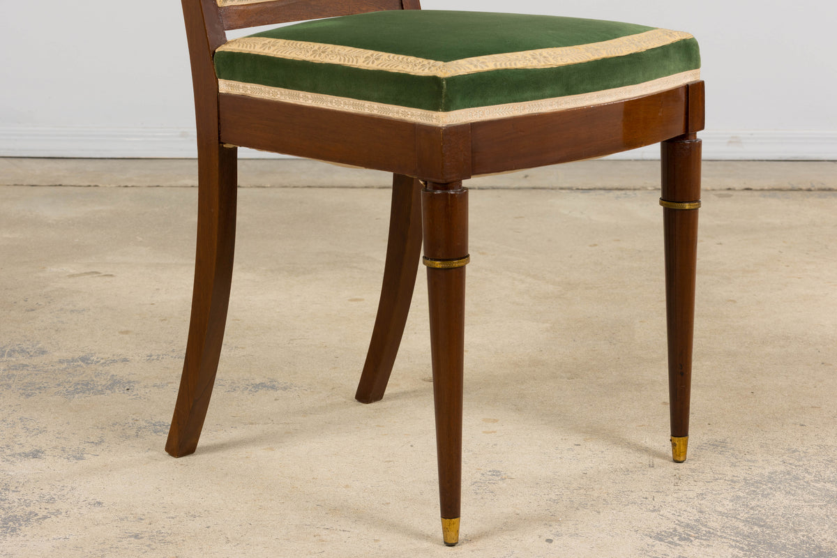 ON HOLD 1930s French Art Deco Mahogany Dining Chairs in Green Velvet - Set of 6