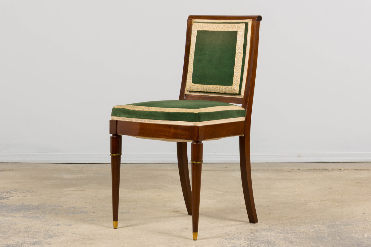 ON HOLD 1930s French Art Deco Mahogany Dining Chairs in Green Velvet - Set of 6