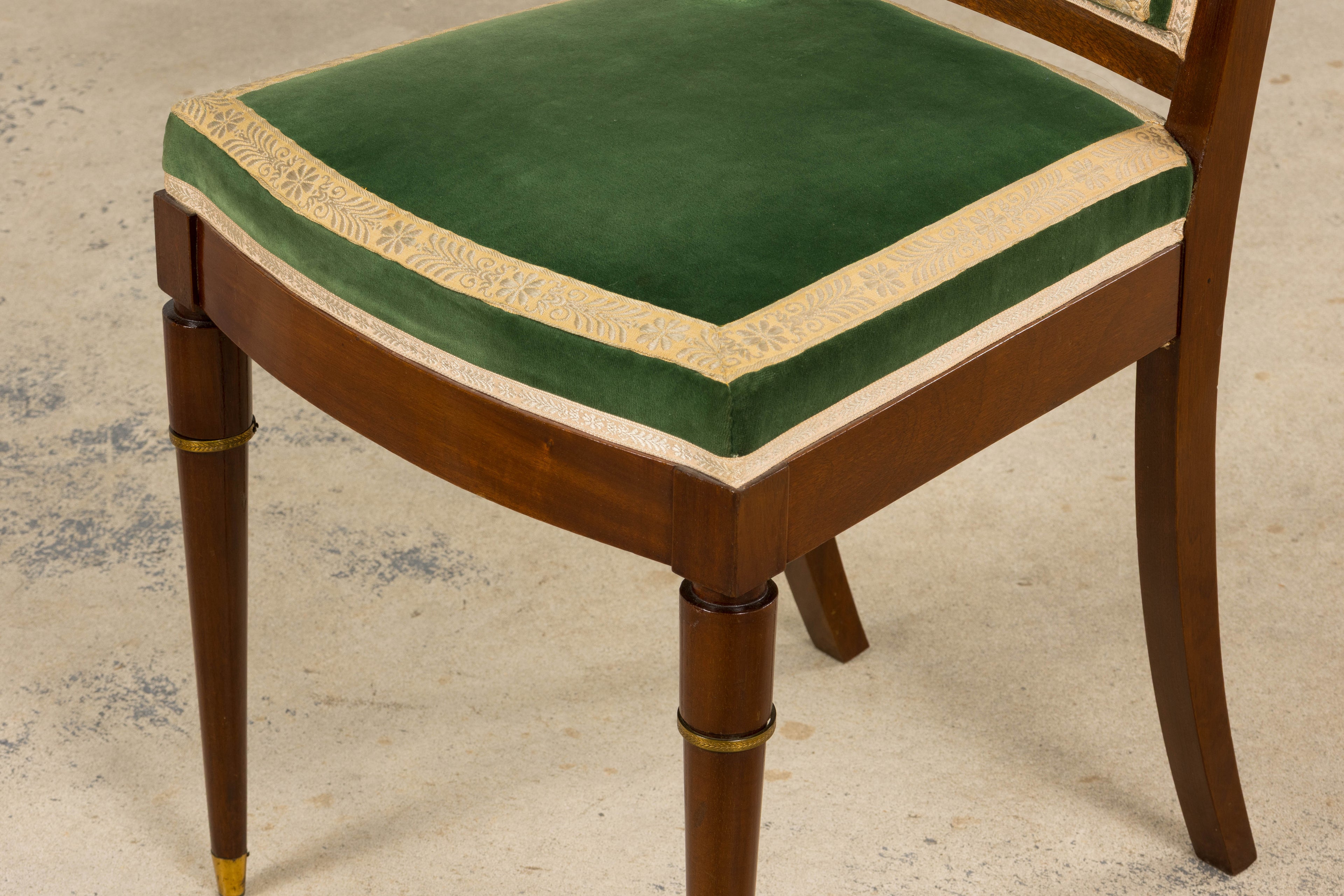 1930s French Art Deco Mahogany Dining Chairs in Olive Green Velvet - Set of 6