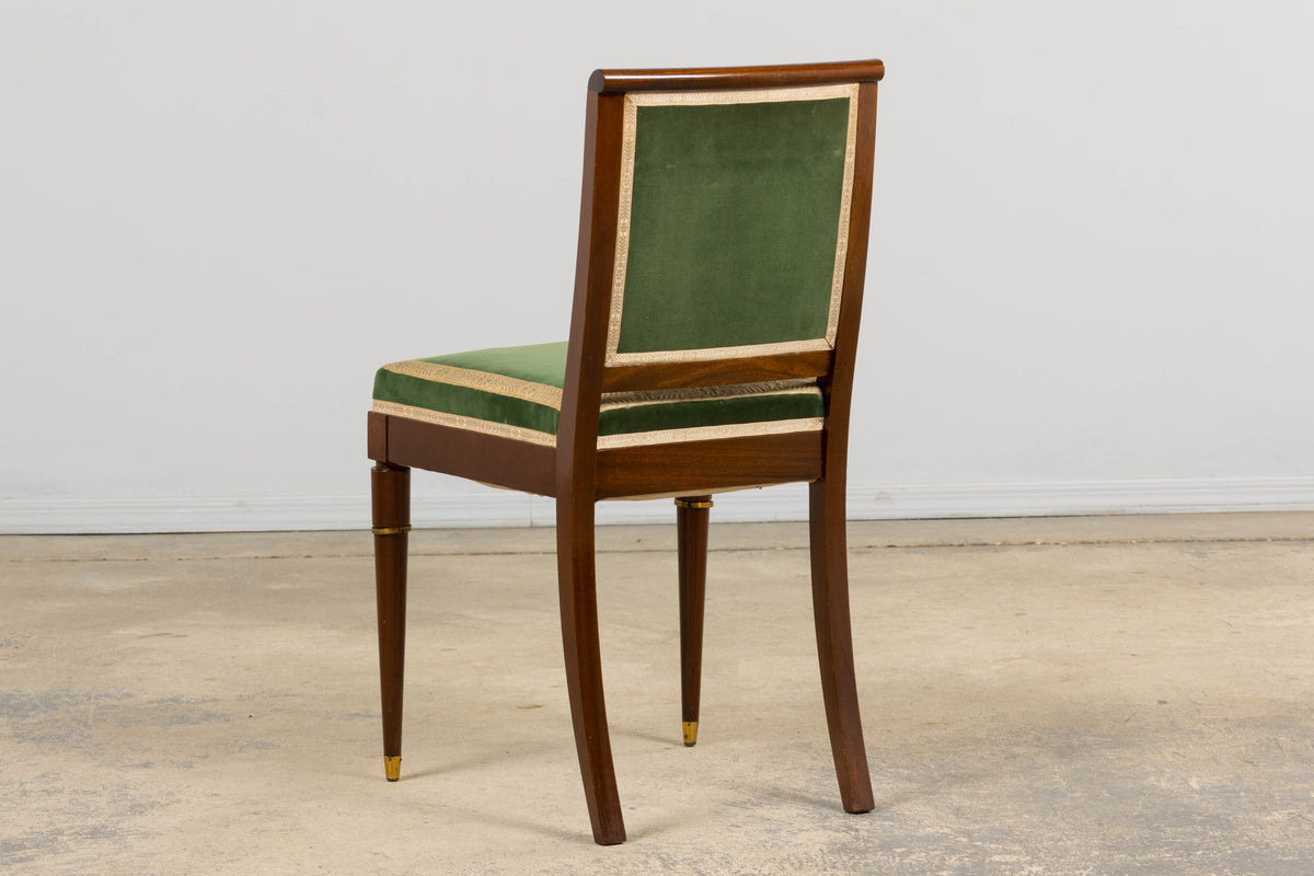 ON HOLD 1930s French Art Deco Mahogany Dining Chairs in Green Velvet - Set of 6