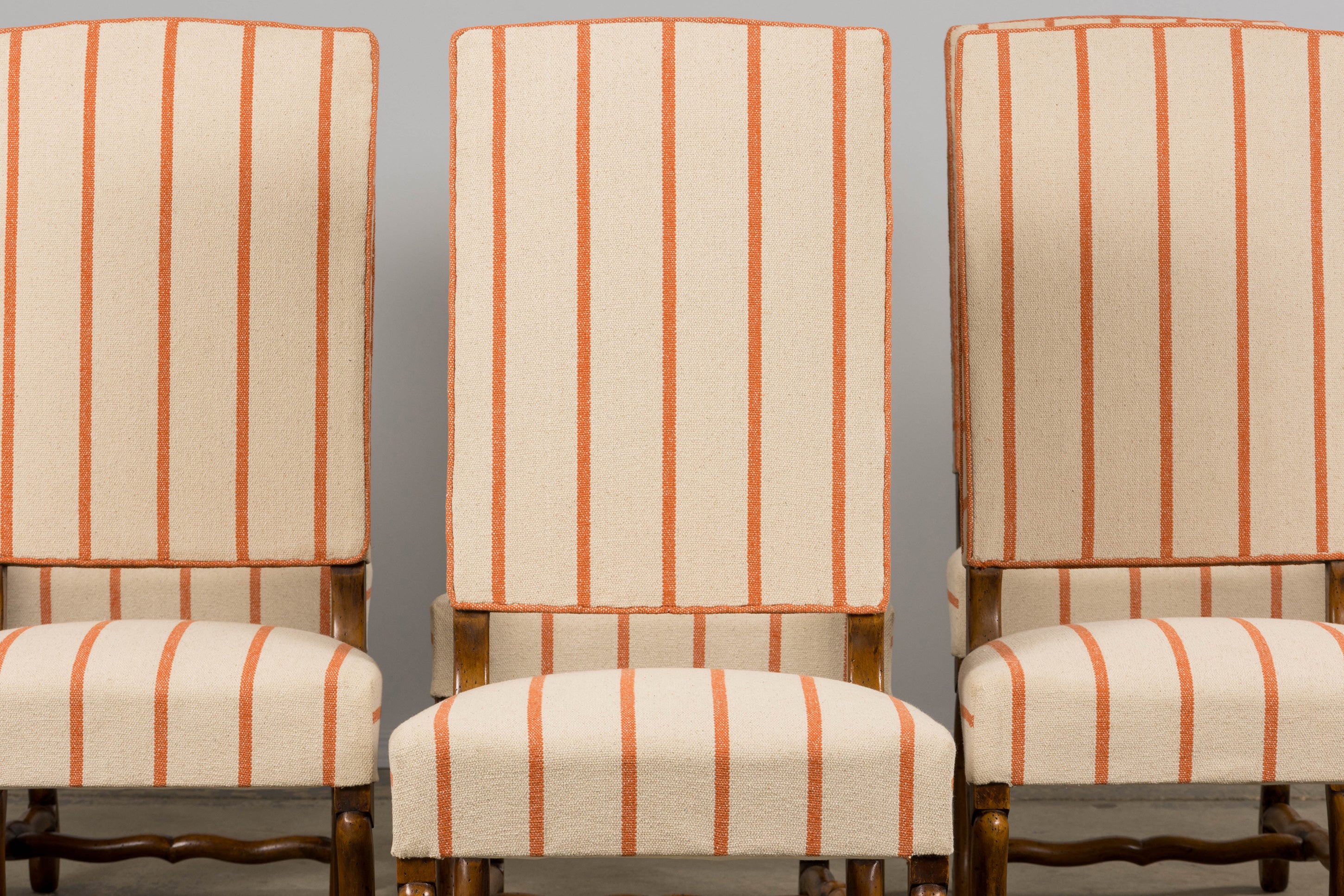 Antique French Louis XIII Style Os De Mouton Oak Dining Chairs in Coral Stripe - Set of 10