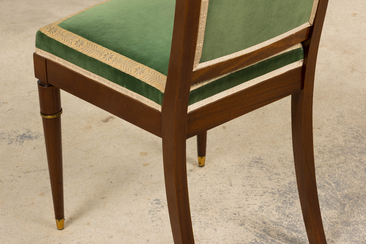 ON HOLD 1930s French Art Deco Mahogany Dining Chairs in Green Velvet - Set of 6