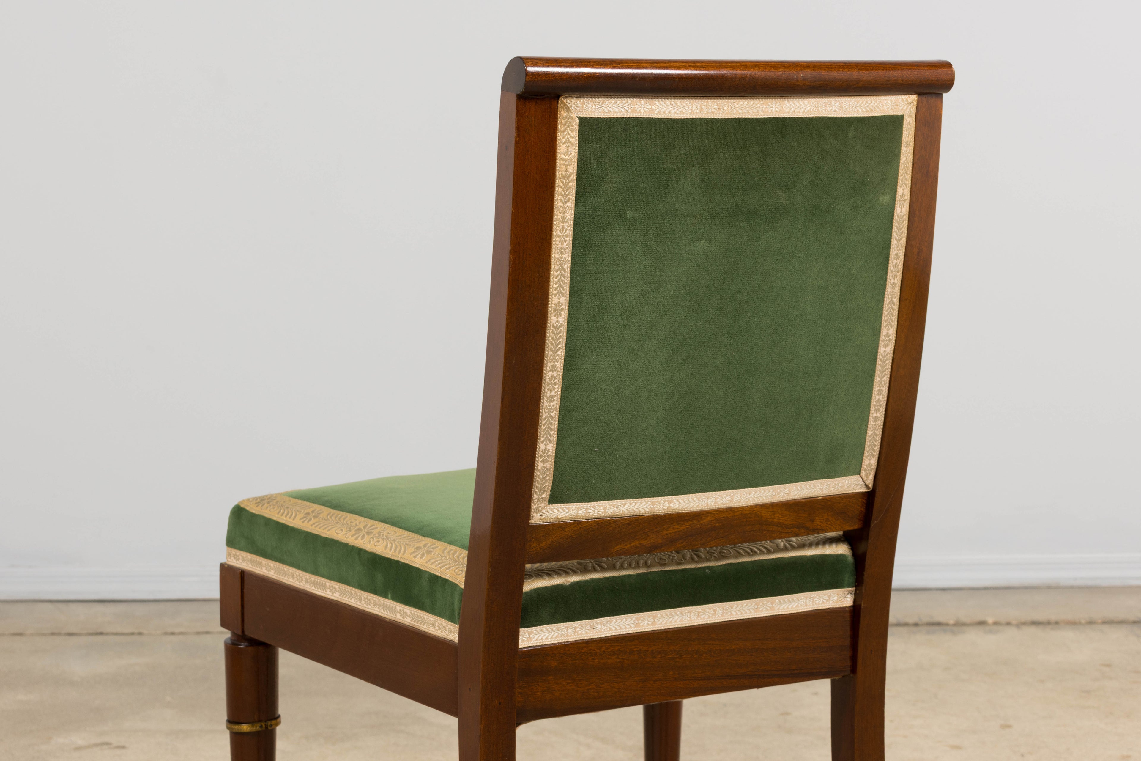 1930s French Art Deco Mahogany Dining Chairs in Olive Green Velvet - Set of 6