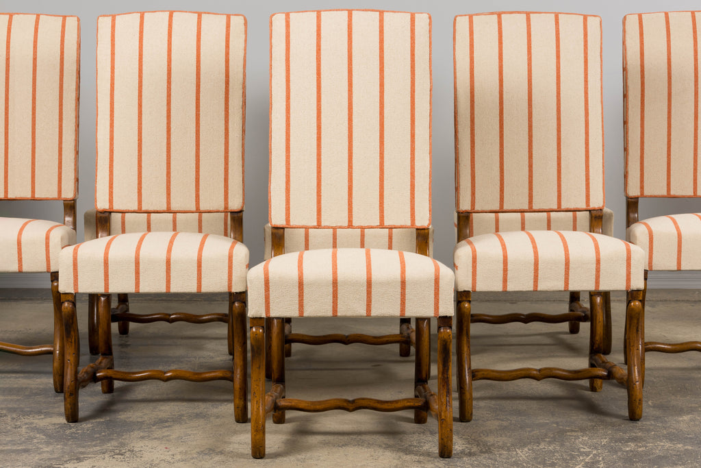 Antique French Louis XIII Style Os De Mouton Oak Dining Chairs in Coral Stripe - Set of 10