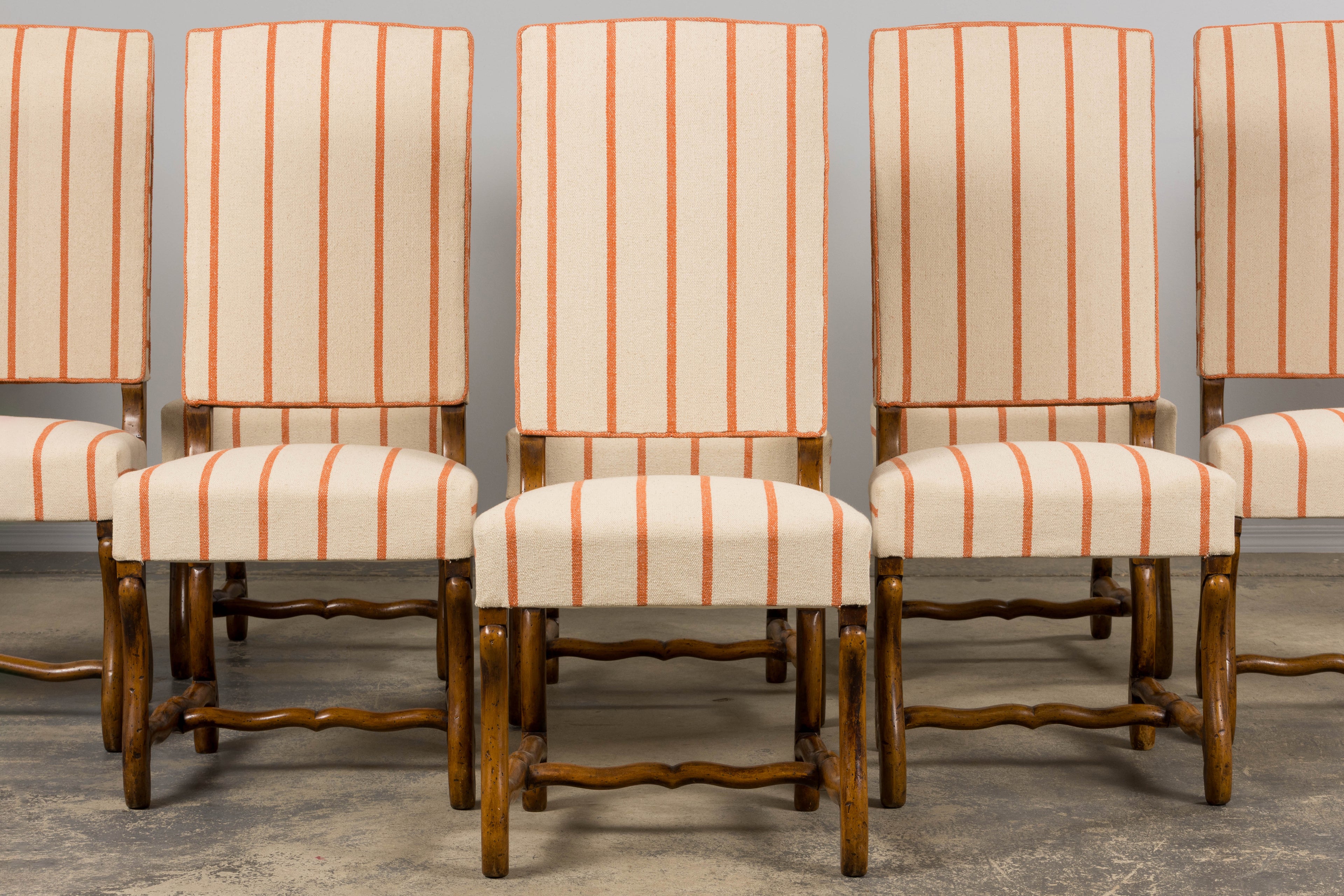 Antique French Louis XIII Style Os De Mouton Oak Dining Chairs in Coral Stripe - Set of 10