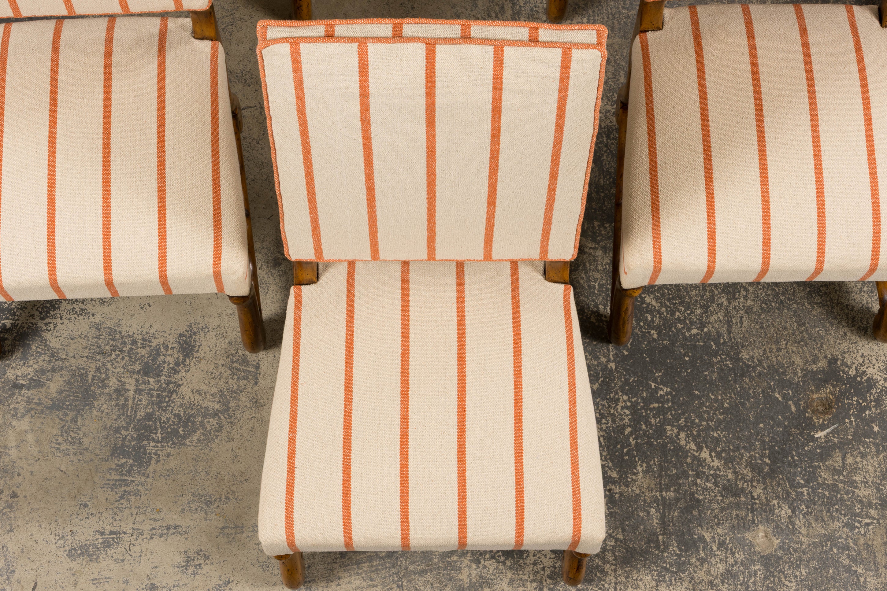 Antique French Louis XIII Style Os De Mouton Oak Dining Chairs in Coral Stripe - Set of 10